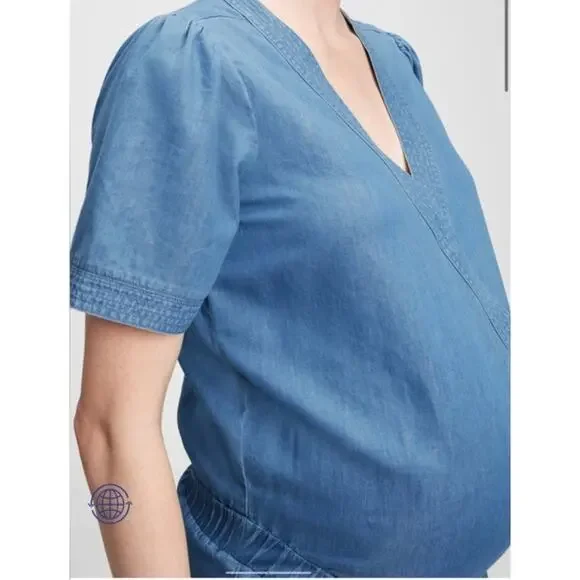 GAP MATERNITY NWT Chambray Denim Short Sleeve Maternity Jumpsuit // S - Picture 2 of 12